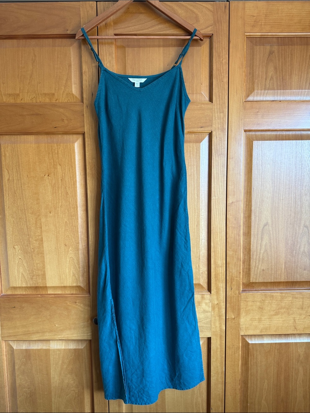 Garnet Hill Teal Linen Slip Dress with Spaghetti Straps - Women